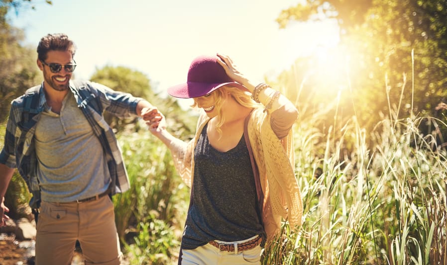 couple walking outdoors romance happy