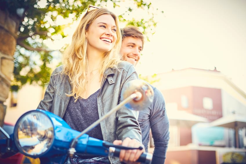 couple scooter city date happy romance