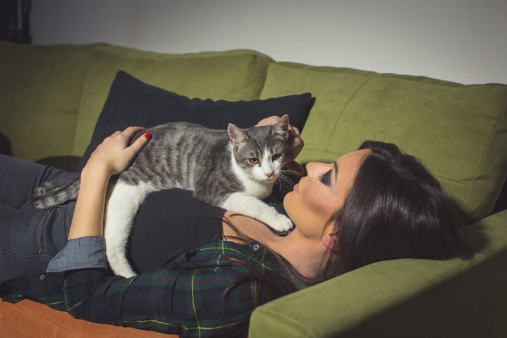 Shot of a gorgeous young woman on a couch stroking a cat