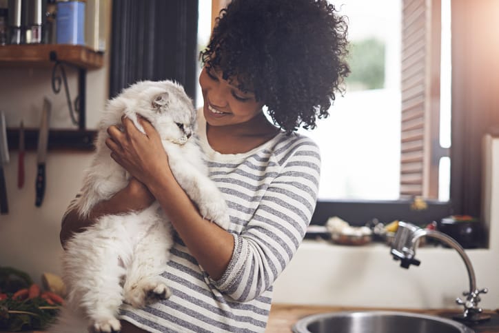 young woman cat happy apartment home