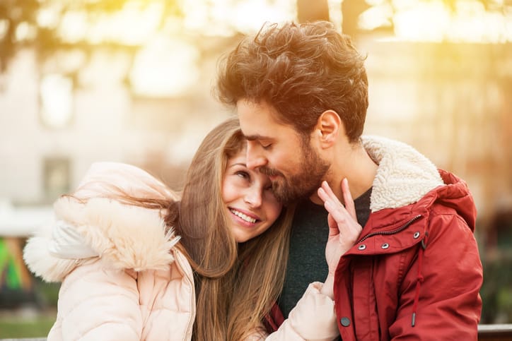 Young Couple in a Park in Valentines day.