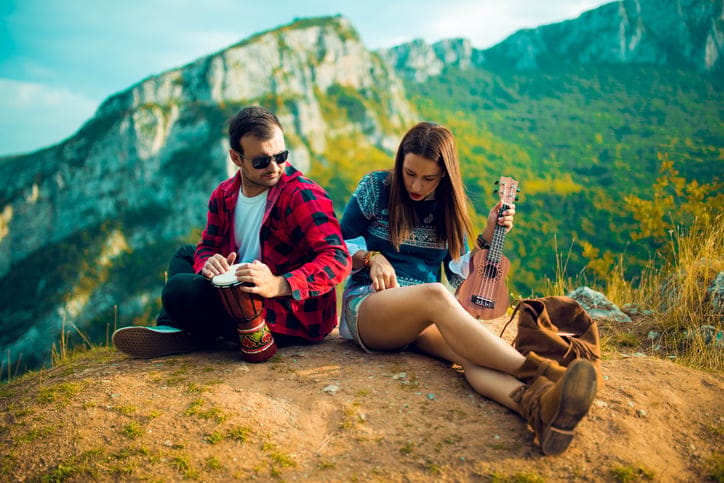 young couple mountain hike romance date