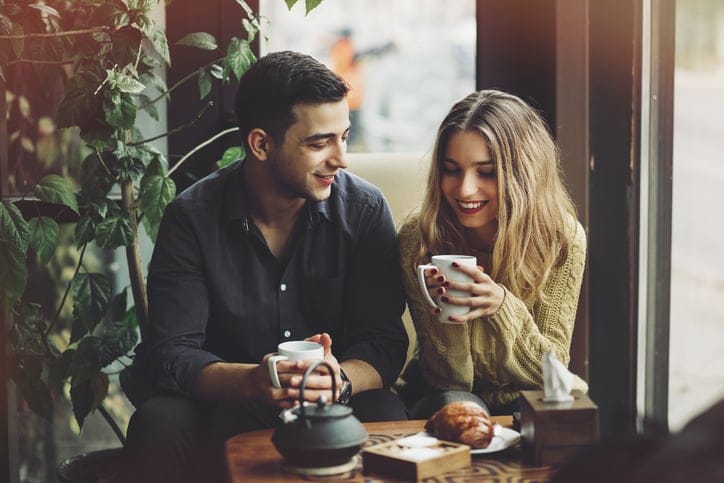 Couple in love drinking coffee and have fun in coffee shop. Love concepts. Vintage effect style picture