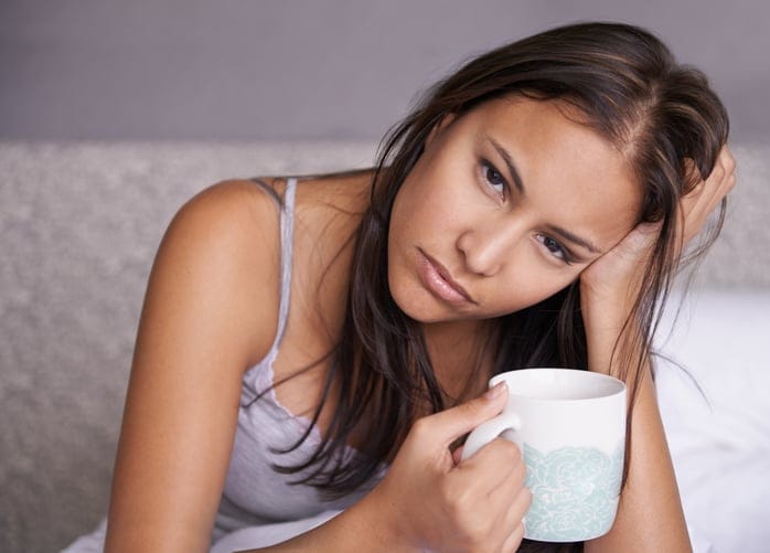 brunette waking up coffee