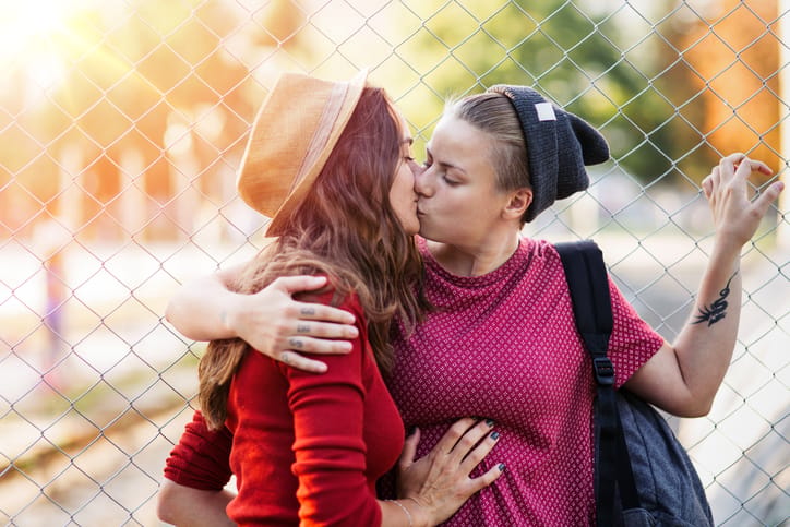 Lesbian couple kissing without embarrassment