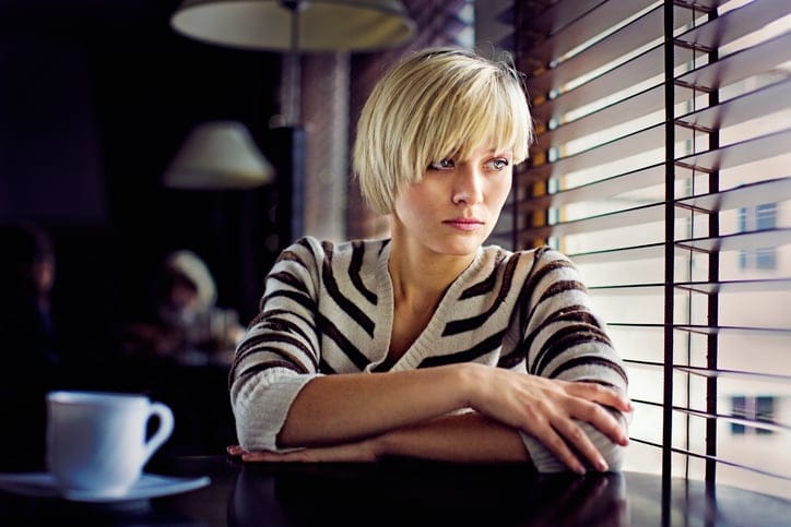 Beautiful girl is sitting in the cafe and looking trough the window.