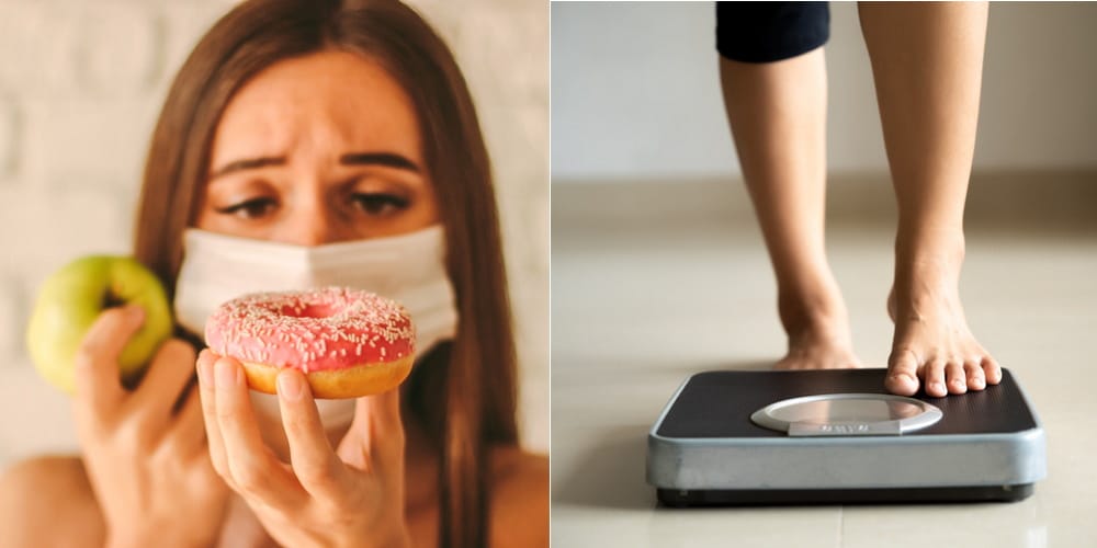 Woman with a donut and on the scale.