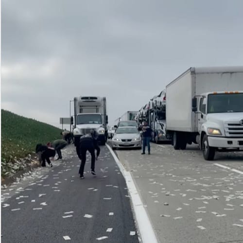 money spilled on highway