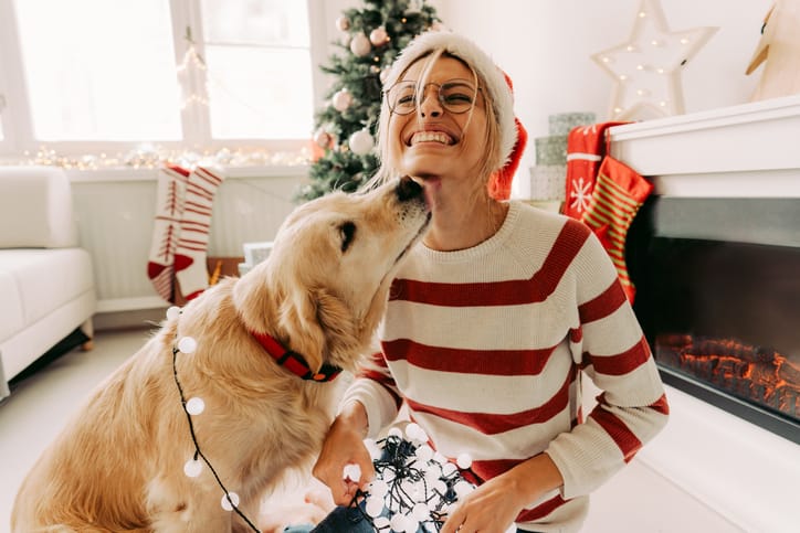 enjoy holidays when you're singlePhoto of young woman and her dog enjoying together at home in a Christmas atmosphere