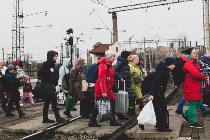 Ukrainians arriving at the train station in Lviv, Ukraine.