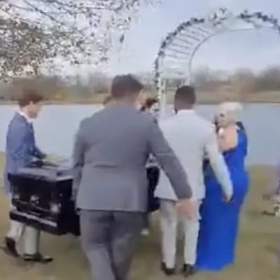 coffin wedding arrival
