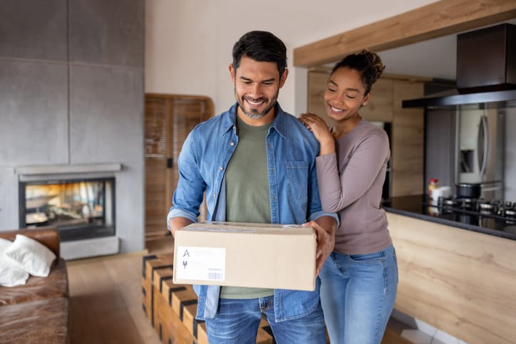 Couple receiving package at home.