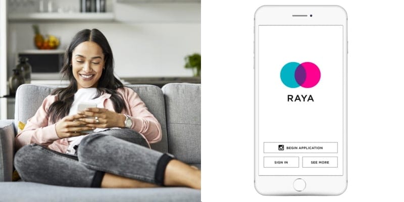 woman scrolling phone raya logo