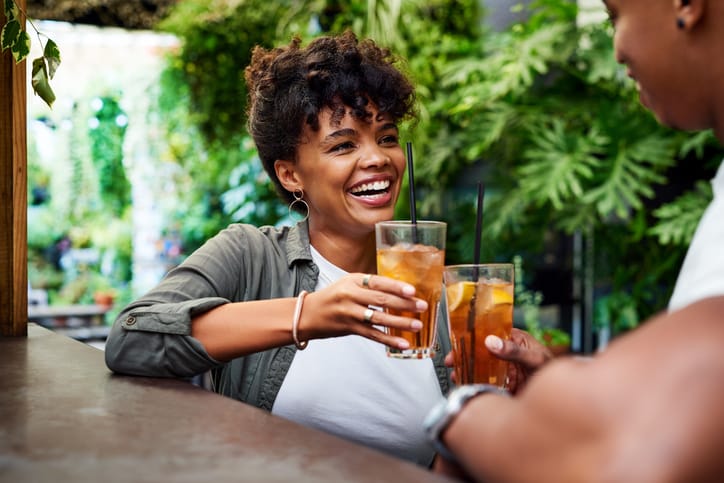 Smiling couple on first date.