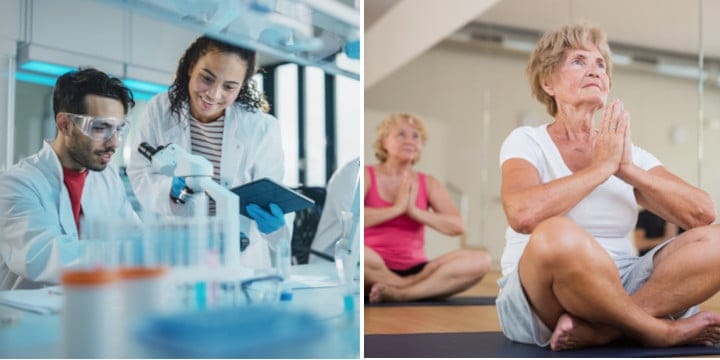 scientists in lab elderly yoga composite