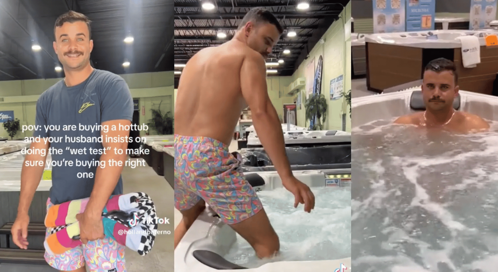 guy tries hot tub in store