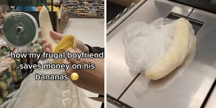 man unpeels bananas at supermarket