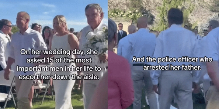 police officer walks woman down aisle