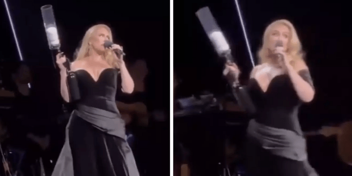 adele with t-shirt gun on stage vegas