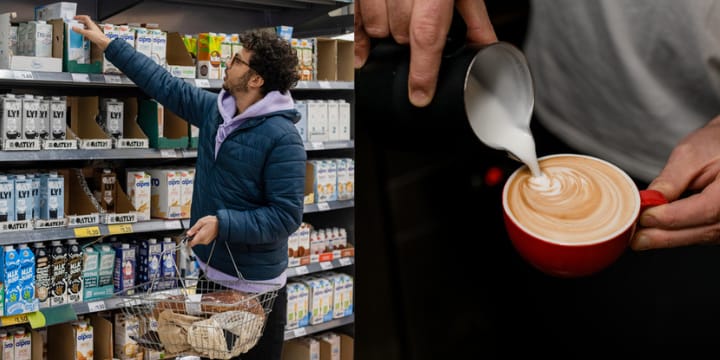 man buying oat milk for latte