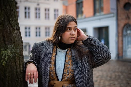 serious woman in city