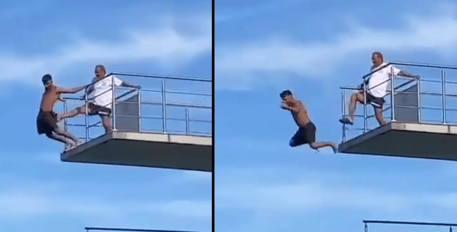 lifeguard kicks boy off diving board