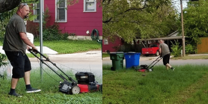 man mowing lawn wife