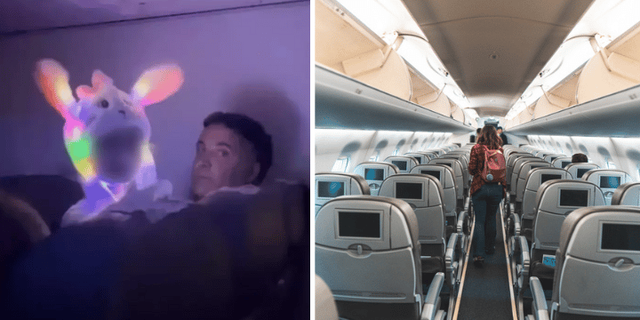 child on flight and empty plane seats