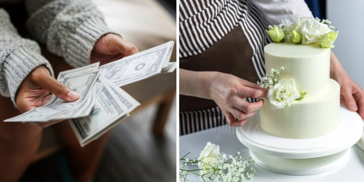 woman's hands holding money wedding cake