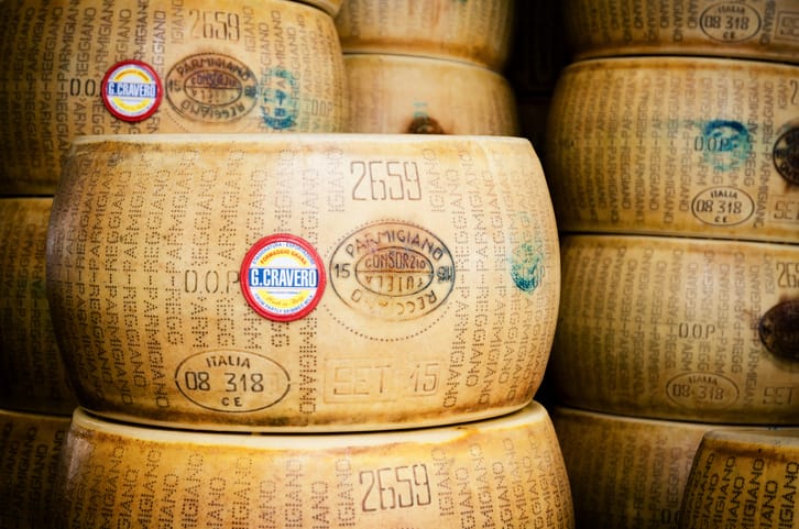 Parmesan wheels in italy.