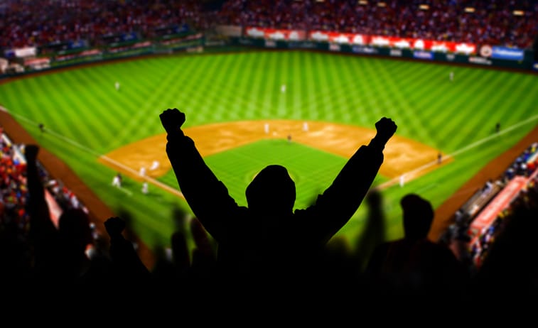 Baseball game fan cheering.