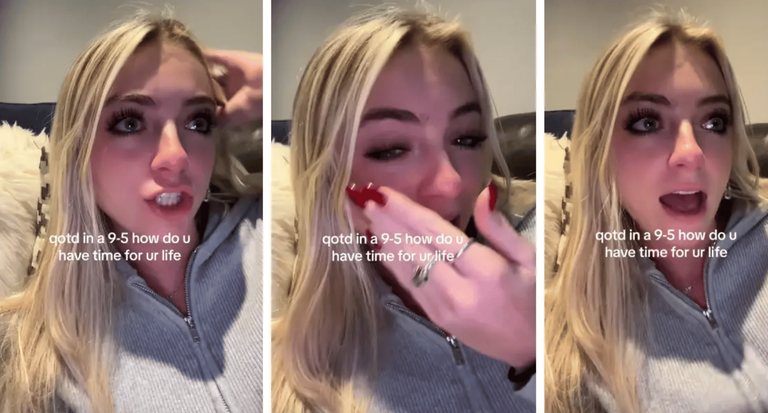 woman cries over 9-5 job