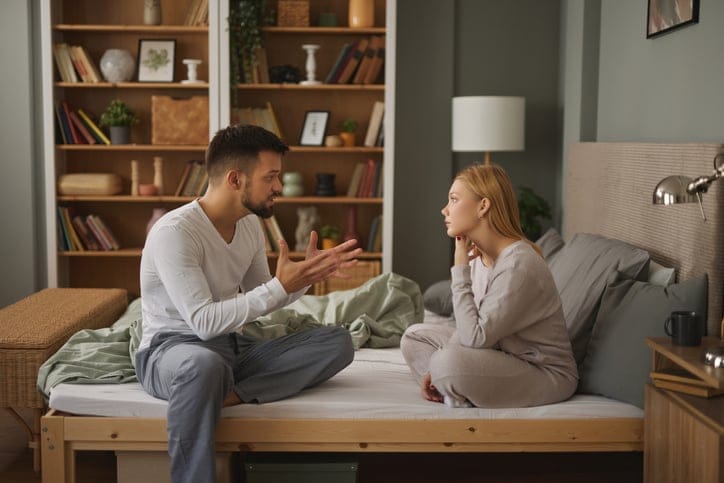 Unhappy couple having crisis and difficulties in relationship