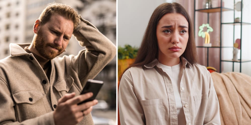 split screen - disappointed man and woman