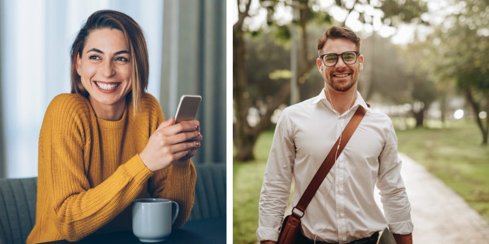 split screen, happy man and woman