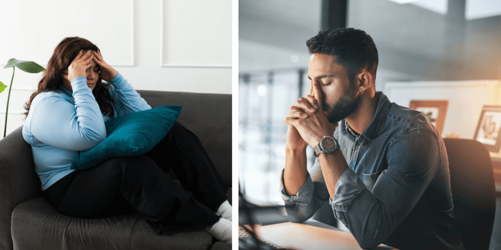 split screen man stressed, woman stressed
