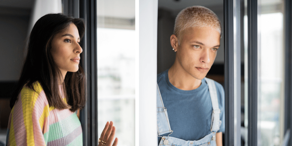 split screen - man and woman looking anxious