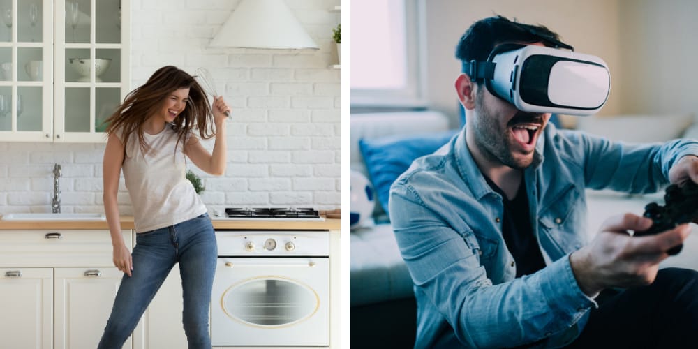 woman dancing at home. Man on game console