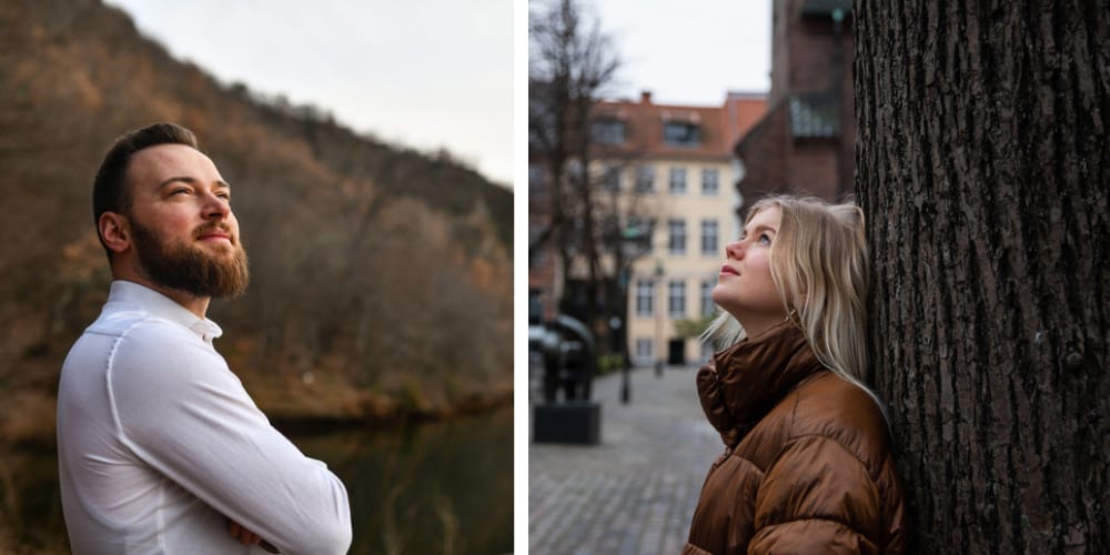split screen - man staring into space, woman looking up
