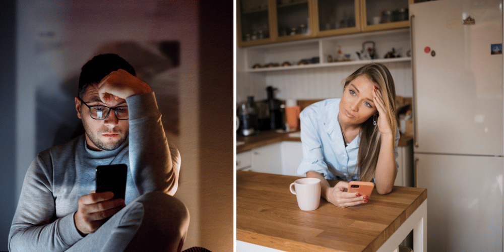 split screen - unhappy man and woman texting