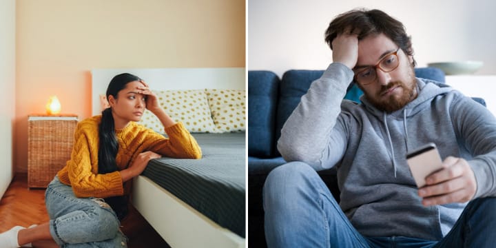 sad man, woman alone in apartment
