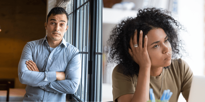man with arms crossed, woman rolling eyes