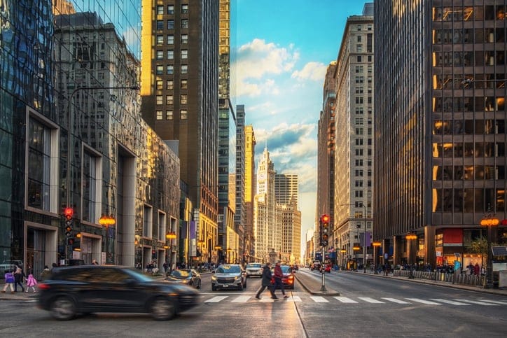 Street in Financial District of Chicago.