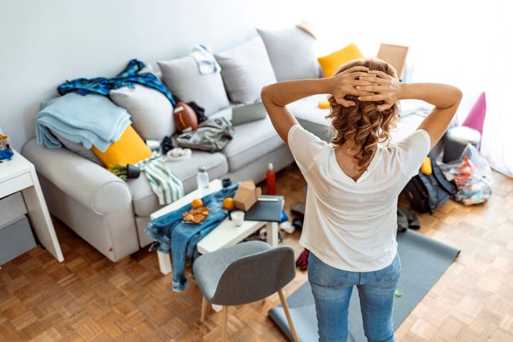 A woman in her messy house.