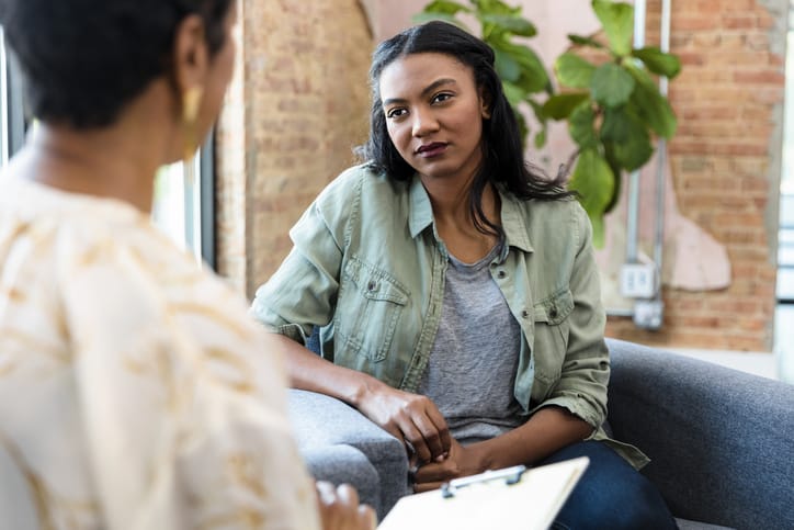 woman having a conversation with her mom