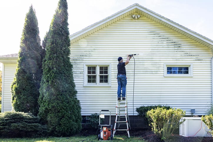 guy power washing house