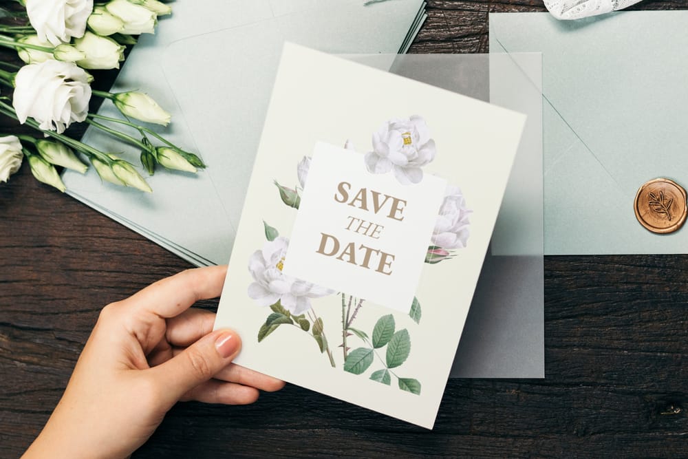 Woman with a Save the Date card.