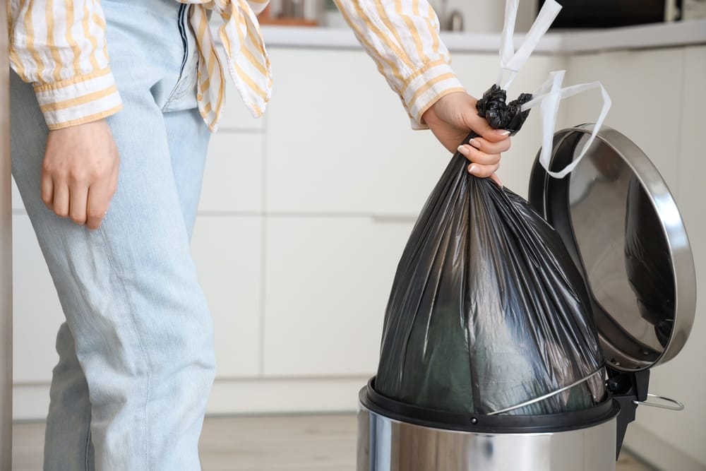 Large black plastic trash bag.