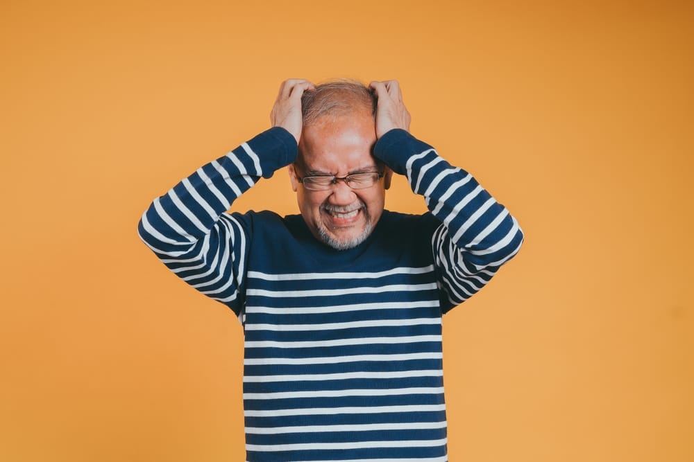 Asian,Senior,Elder,Old,Man,Hands,Holding,Head,Suffering,From