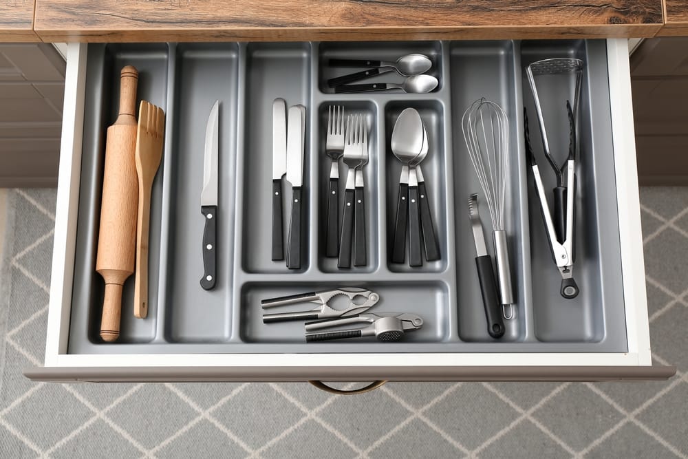 Open,Kitchen,Drawer,With,Different,Silver,Cutlery